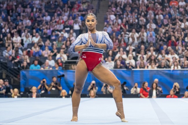 Jordan Chiles on floor on Day Two of the 2024 U.S.Olympic Team Gymnastics Trials at Target Center on June 28, 2024 in Minneapolis, Minnesota.