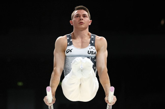 Paul Juda of Team United States trains on the parallel bars during a Gymnastics training session ahead of the Paris 2024 Olympic Games on July 24, 2024 in Paris, France.