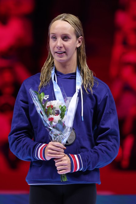 INDIANAPOLIS, INDIANA - JUNE 22: Paige Madden of the United States looks on during the medal ceremony for the Women's 800m freestyle final on Day Eight of the 2024 U.S. Olympic Team Swimming Trials at Lucas Oil Stadium on June 22, 2024 in Indianapolis, Indiana.