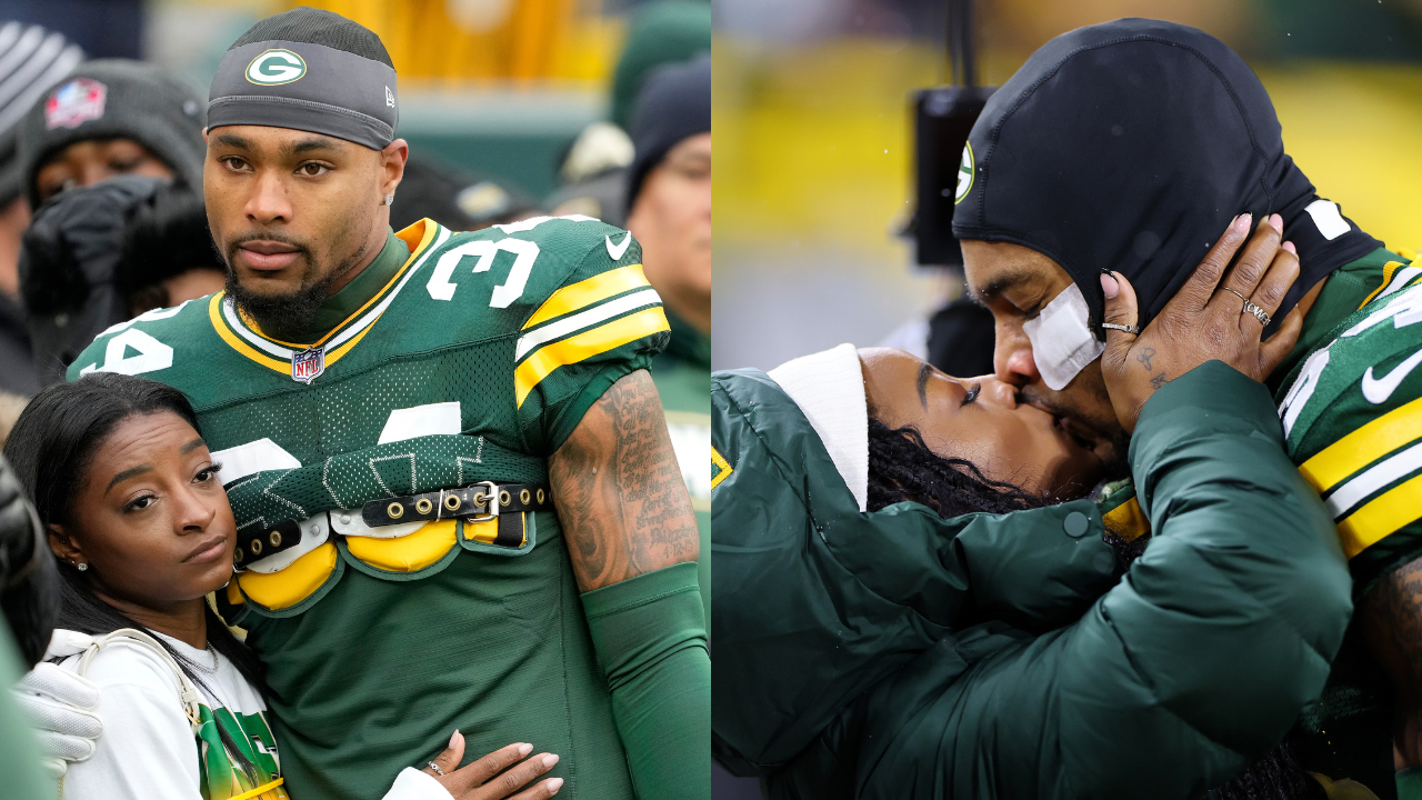Olympic gold medalist Simone Biles kisses husband Jonathan Owens #34 of the Green Bay Packers before the game between the Kansas City Chiefs and the Green Bay Packers at Lambeau Field on December 03, 2023 in Green Bay, Wisconsin.