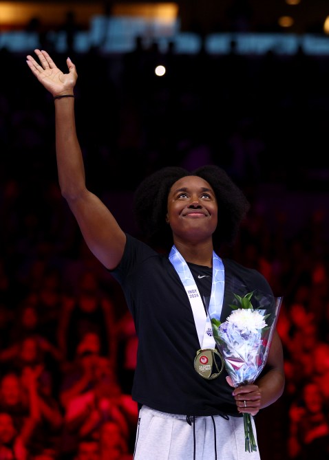 Simone Manuel of the United States reacts during the medal ceremony for the Women's 50m freestyle final on Day Nine of the 2024 U.S. Olympic Team Swimming Trials at Lucas Oil Stadium on June 23, 2024 in Indianapolis, Indiana.