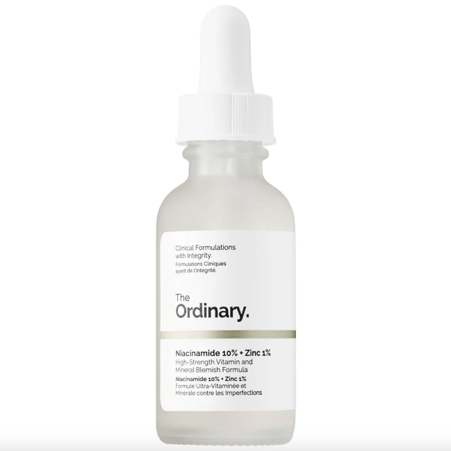 The Ordinary's Niacinamide and Zinc Serum in a clear bottle.