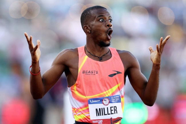 Brandon Miller reacts after competing in the men's 800 meter semi-final on Day Eight of the 2024 U.S. Olympic Team Track & Field Trials at Hayward Field on June 28, 2024 in Eugene, Oregon