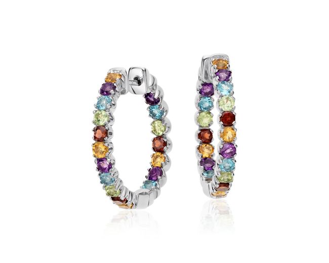 Silver hoop earrings with colorful gemstones