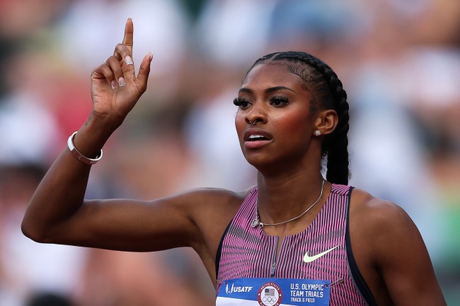 Masai Russell reacts after winning the women's 100 meter hurdles final on Day Ten of the 2024 U.S. Olympic Team Track & Field Trials at Hayward Field on June 30, 2024 in Eugene, Oregon.