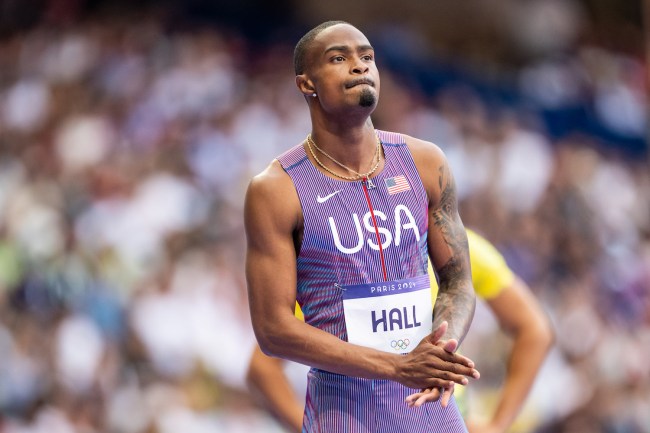 Quincy Hall of Team United States looks on during the Men's 400m Round 1 on day nine of the Olympic Games Paris 2024 at Stade de France on August 4, 2024 in Paris, France.