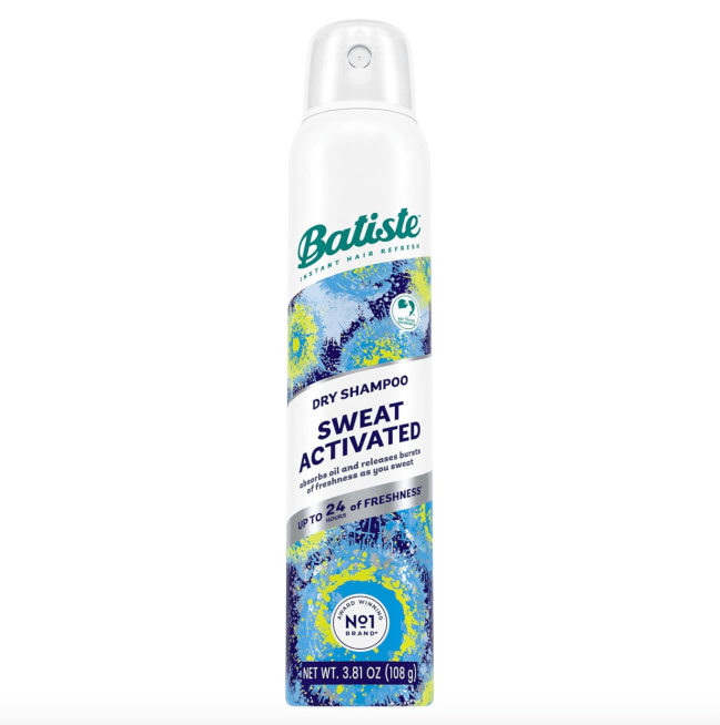 Batiste Sweat Activated Dry Shampoo in a blue and green bottle.