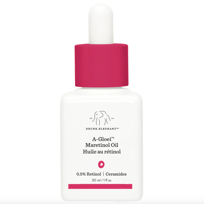 Drunk Elephant A-Gloei Retinol Oil in a white bottle.