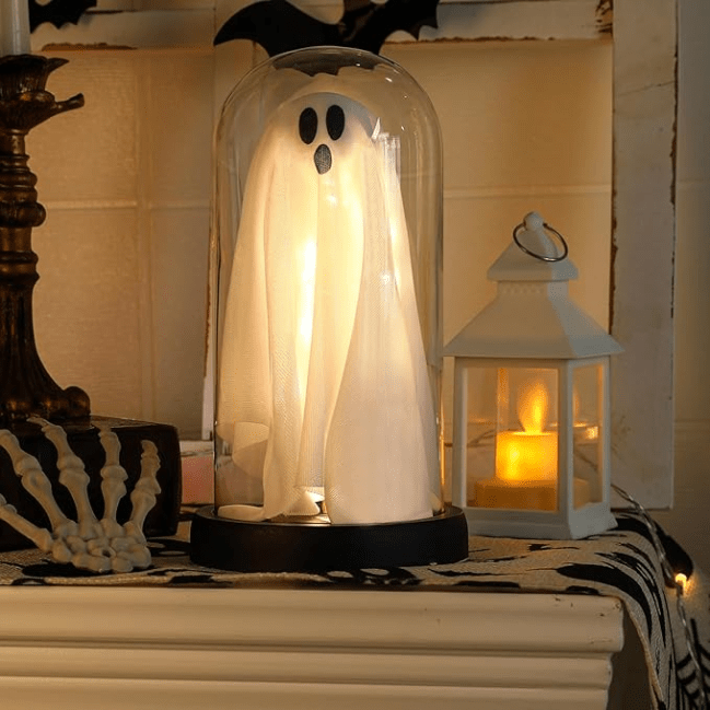 FestalMart Indoor-Light Up Ghost in Glass Cloche