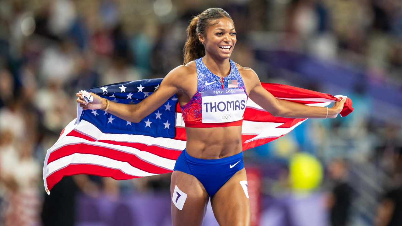 Gold Medalist Gabrielle Thomas of Team United States celebrates after competing in the Women's 200m Final on day eleven of the Olympic Games Paris 2024 at Stade de France on August 6, 2024 in Paris, France.