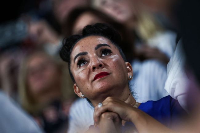 US' Jordan Chiles mother Gina Chiles reacts as her daughter competes in the floor exercise event of the artistic gymnastics women's team final during the Paris 2024 Olympic Games at the Bercy Arena in Paris, on July 30, 2024.