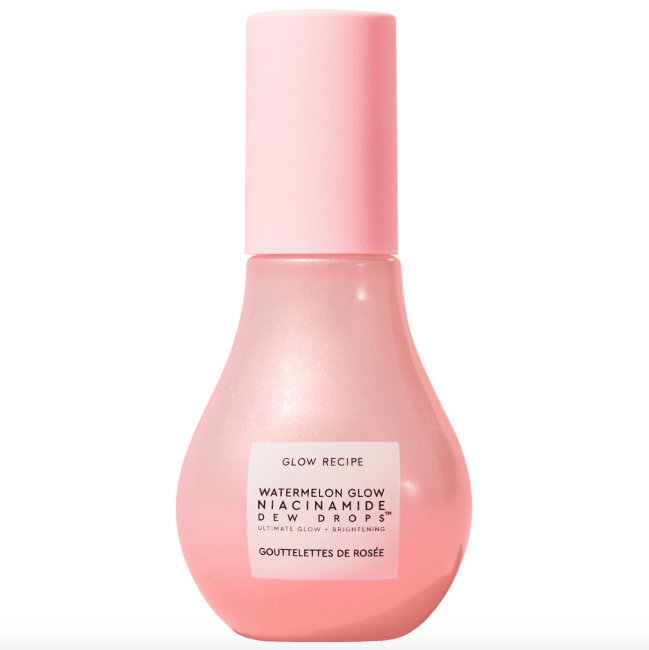 Glow Recipe Watermelon Glow Niacinamide Dew Drops in a pink bottle.