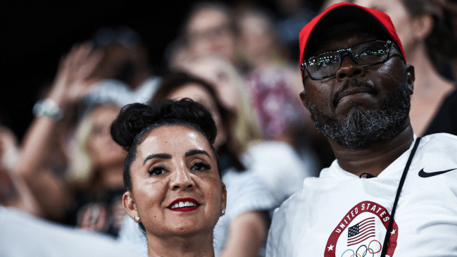 US' Jordan Chiles parents Gina and Timothy Chiles react as her daughter competes in the floor exercise event of the artistic gymnastics women's team final during the Paris 2024 Olympic Games at the Bercy Arena in Paris, on July 30, 2024.
