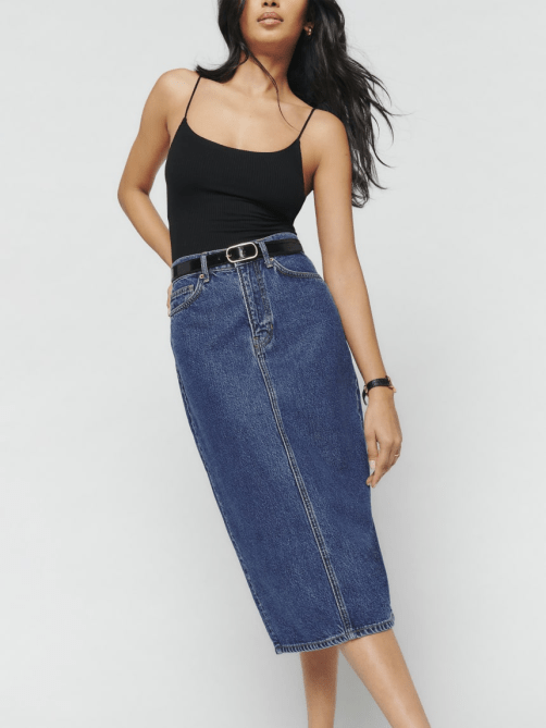 Reformation Jayde High Rise Denim Midi Skirt