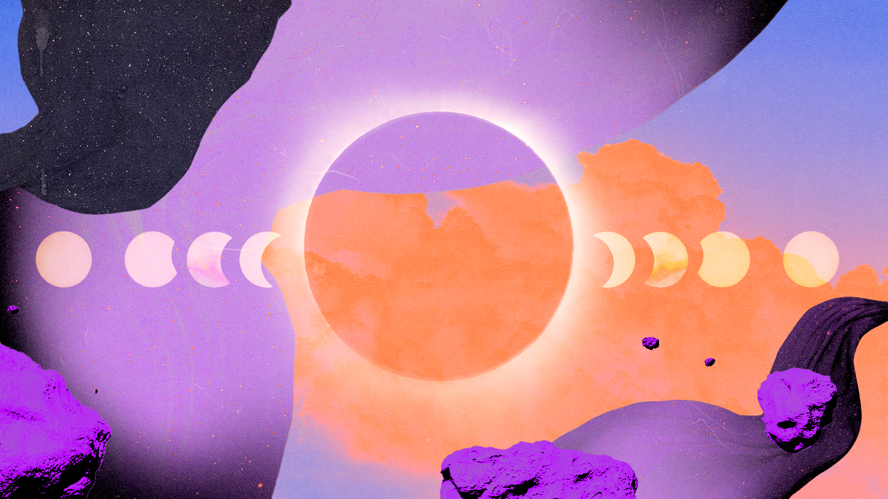 A solar eclipse in front of various lunar phases, surrounded by floating space debris in purple, blue, and orange hues