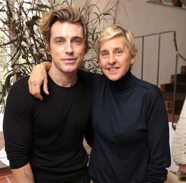 MONTECITO, CALIFORNIA - MARCH 02: Jeremiah Brent (L) and Ellen DeGeneres are seen at Jeremiah Brent's Book "The Space That Keeps You" Launch Party Hosted By Brian And Tracy Robbins on March 02, 2024 in Montecito, California.