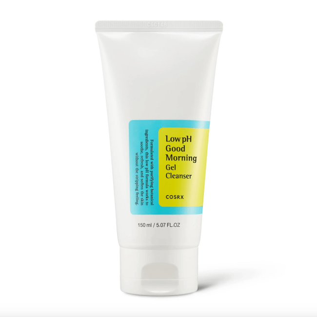 Cosrx Low pH Good Morning Gel Cleanser in a white tube.
