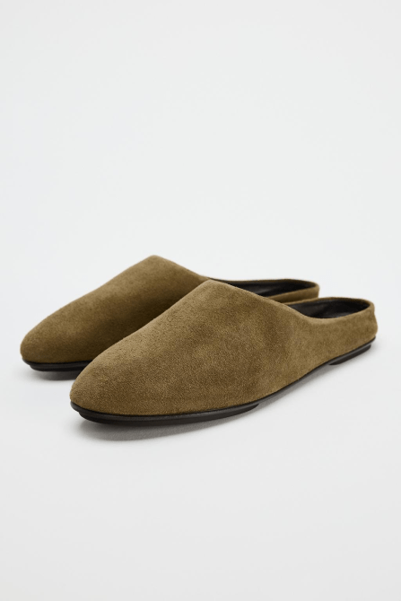 Zara Flat Suede Slingback Shoe in khaki green