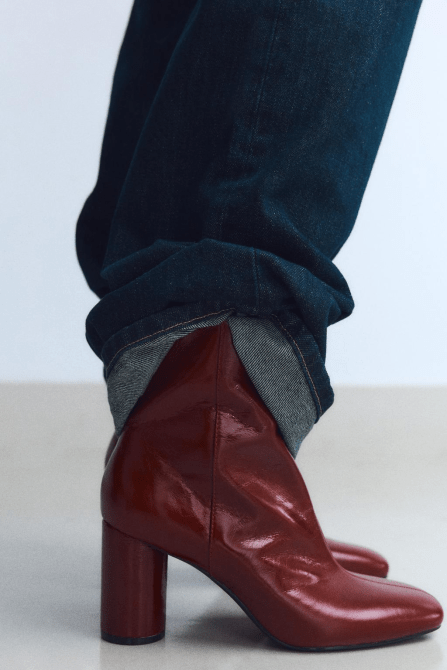 Zara Heeled Leather Ankle Boots in cherry red color