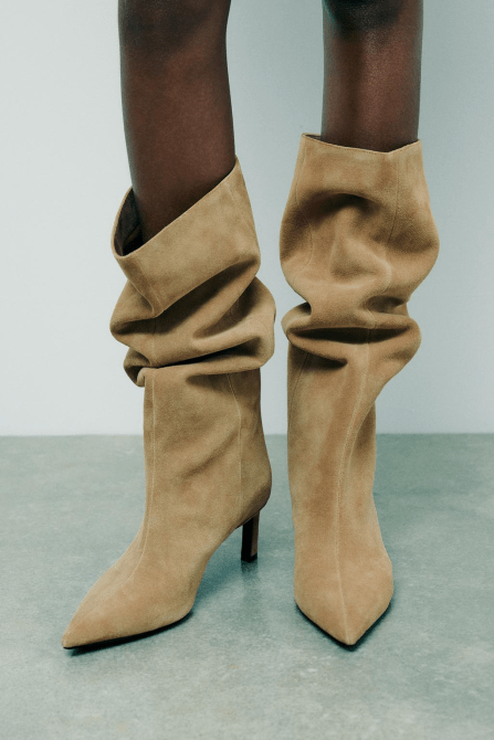 Zara Heeled Suede Knee High Boots in dark tan color
