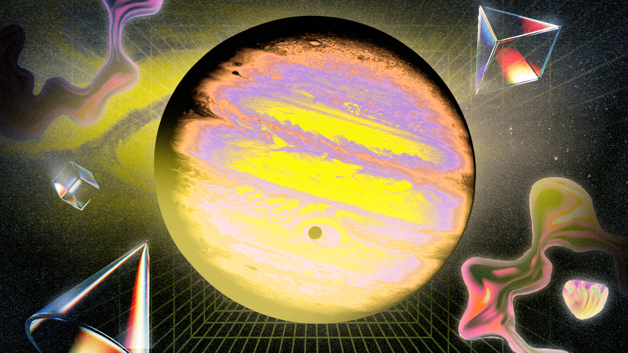 Planet Jupiter in neon colors in front of a geometric and futuristic backdrop