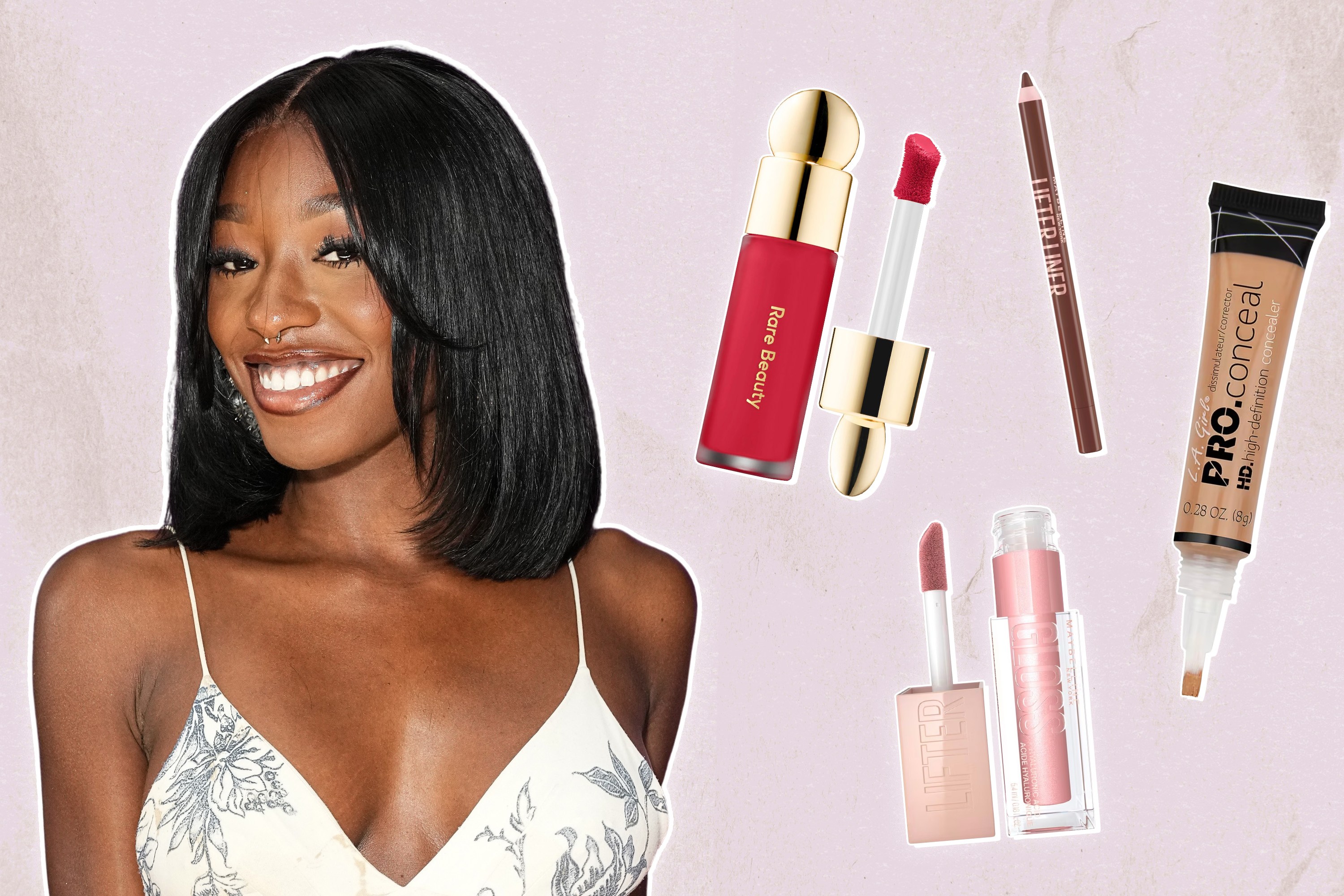 Serena Page next to the Maybelline, Rare Beauty, and L.A. Girl makeup products she uses.