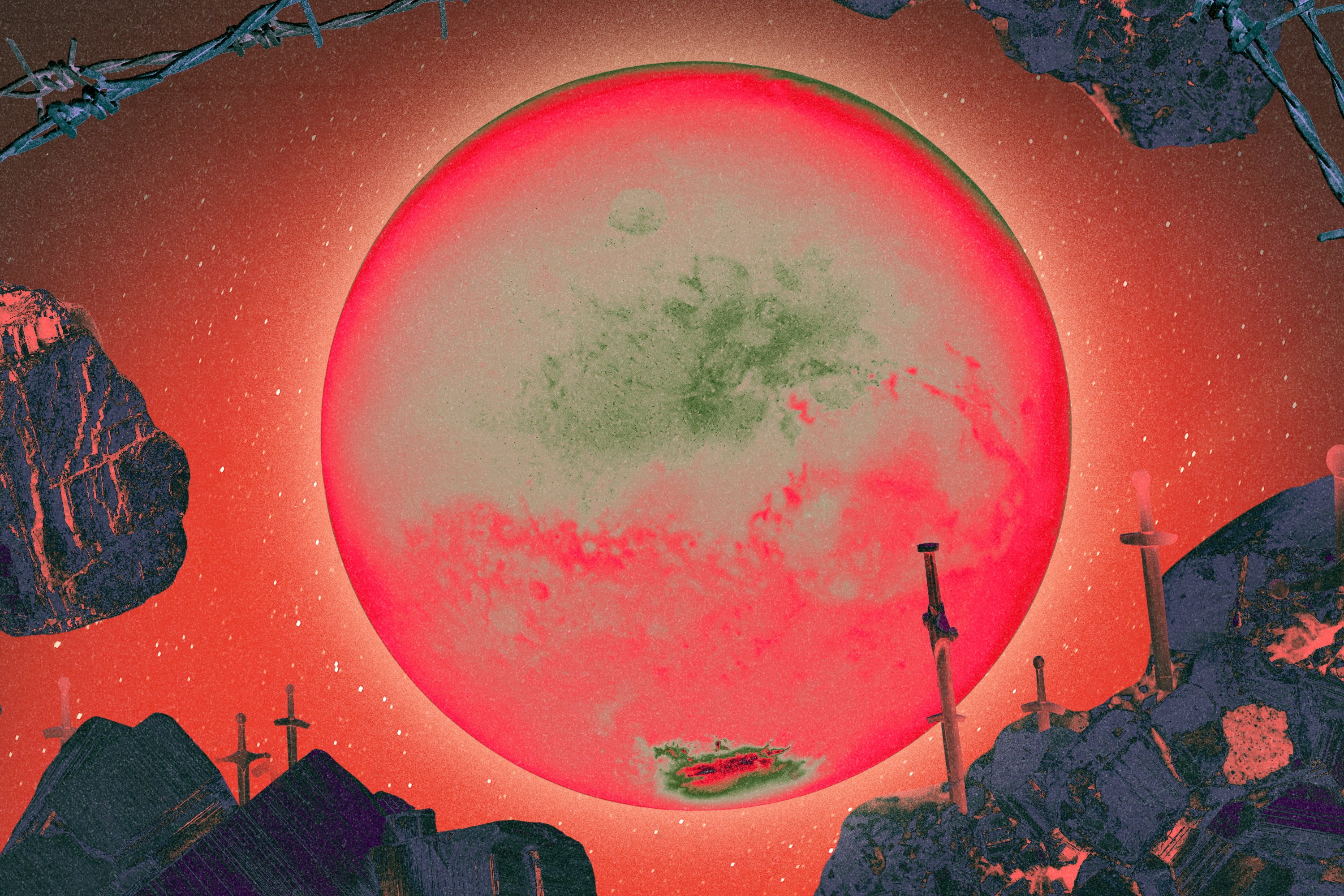 Planet Mars surrounded by a field of swords in stones