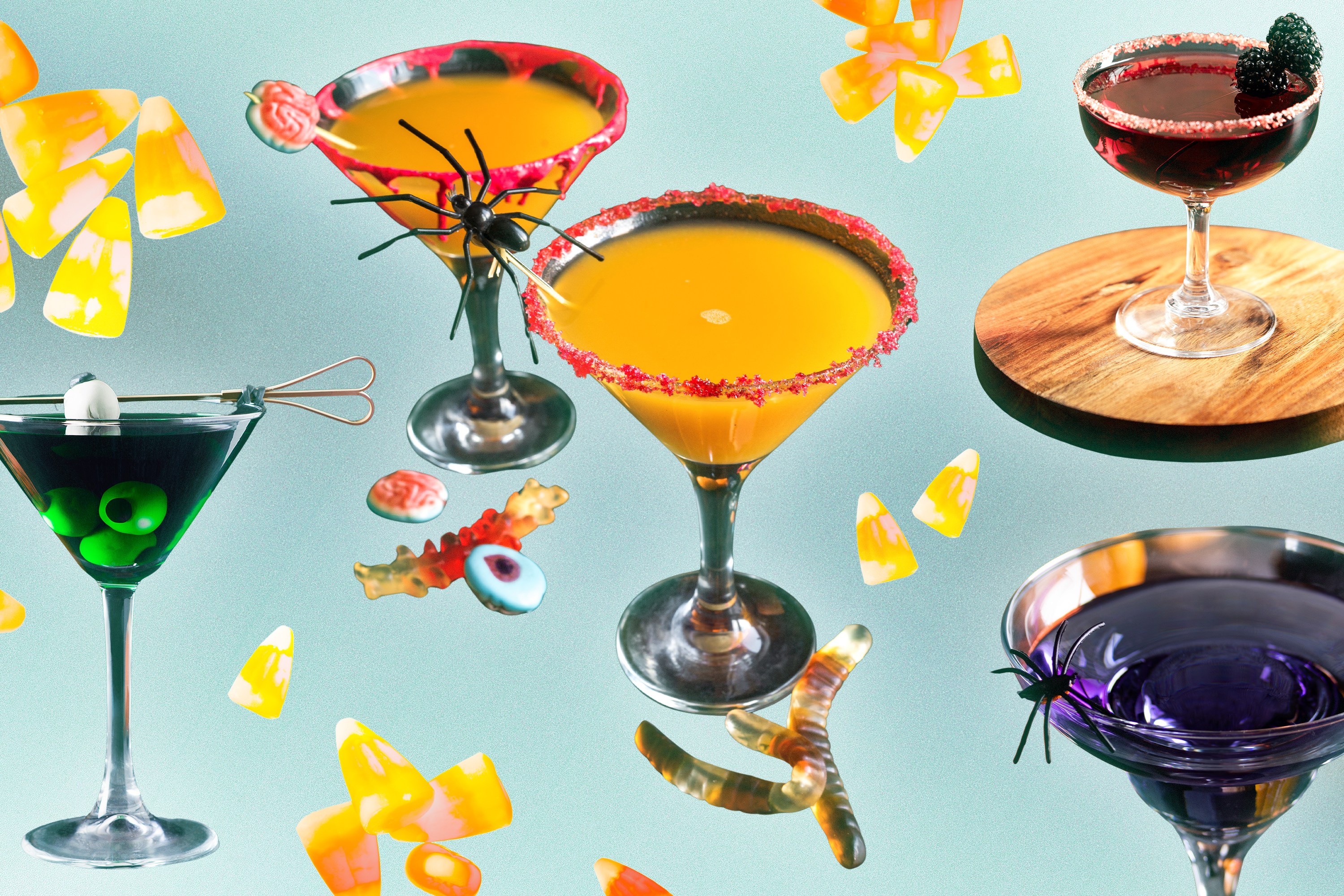 A collage of halloween mocktails and candy.