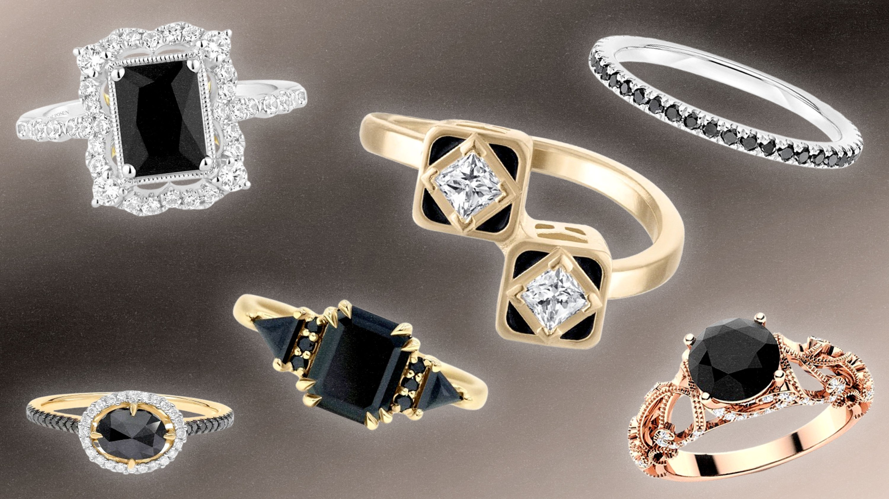 A collage of black wedding rings.