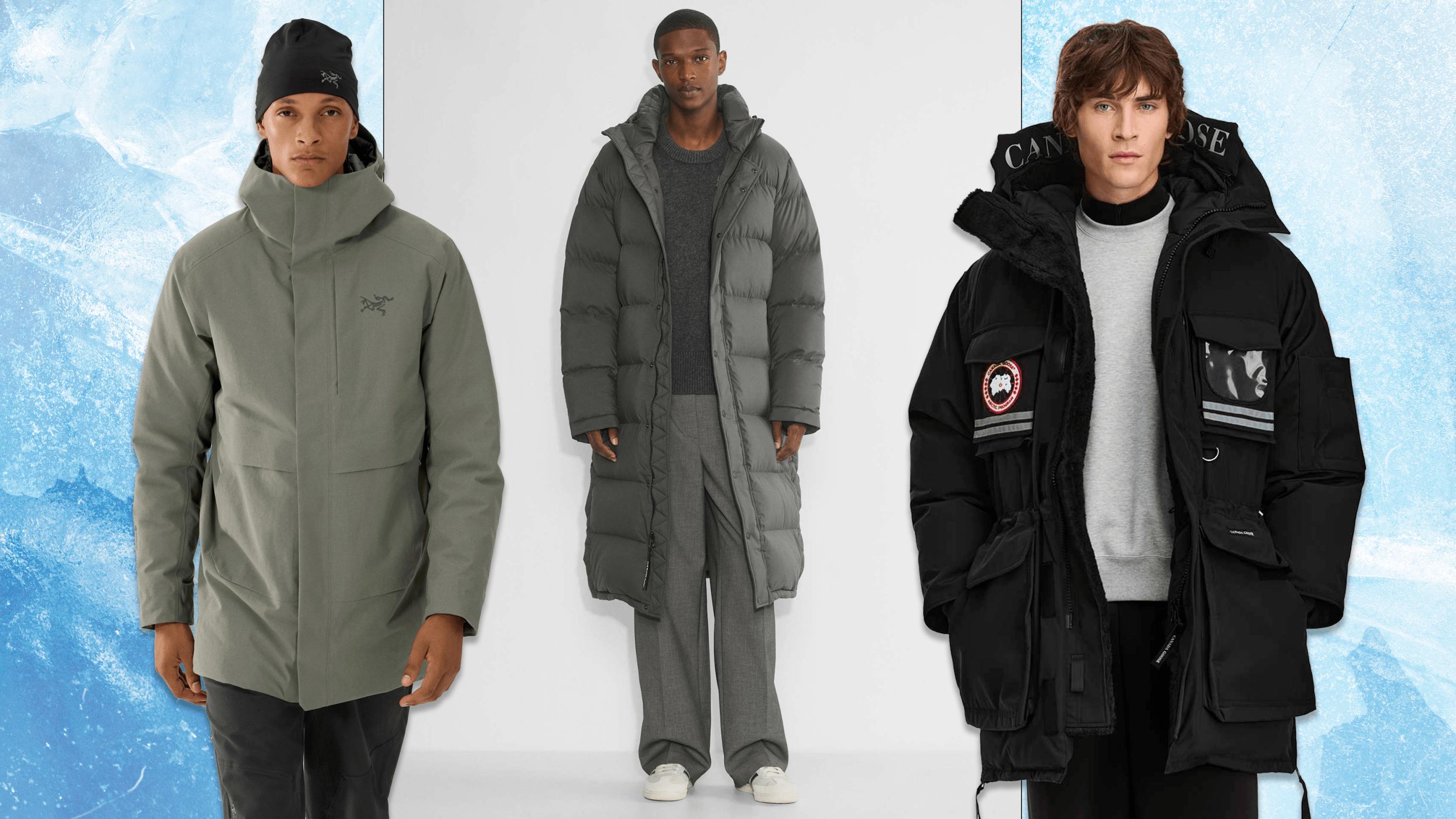 A model wearing a green-grey, mid-length Arc’teryx winter coat; a model wearing a grey, long Aritzia winter puffer coat; a model wearing a mid-length, black Canada Goose winter coat.