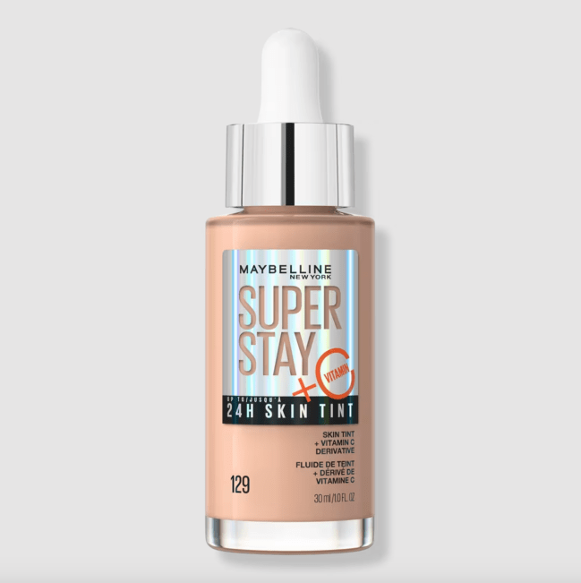 Maybelline Super Stay Skin Tint in a clear bottle with a dropper.
