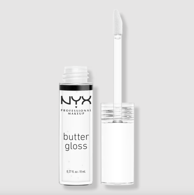 NYX Butter Gloss in Clear in a clear tube.