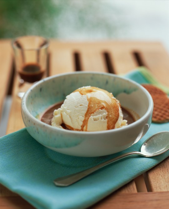 A scoop of vanilla ice cream with soy sauce