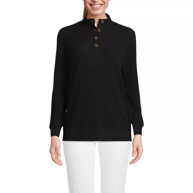 Lands' End Women's Waffle Knit Button Placket Top