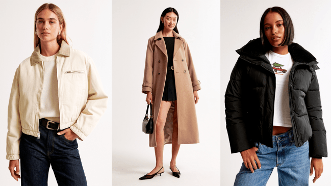 Three models wearing Abercrombie & Fitch jackets and coats