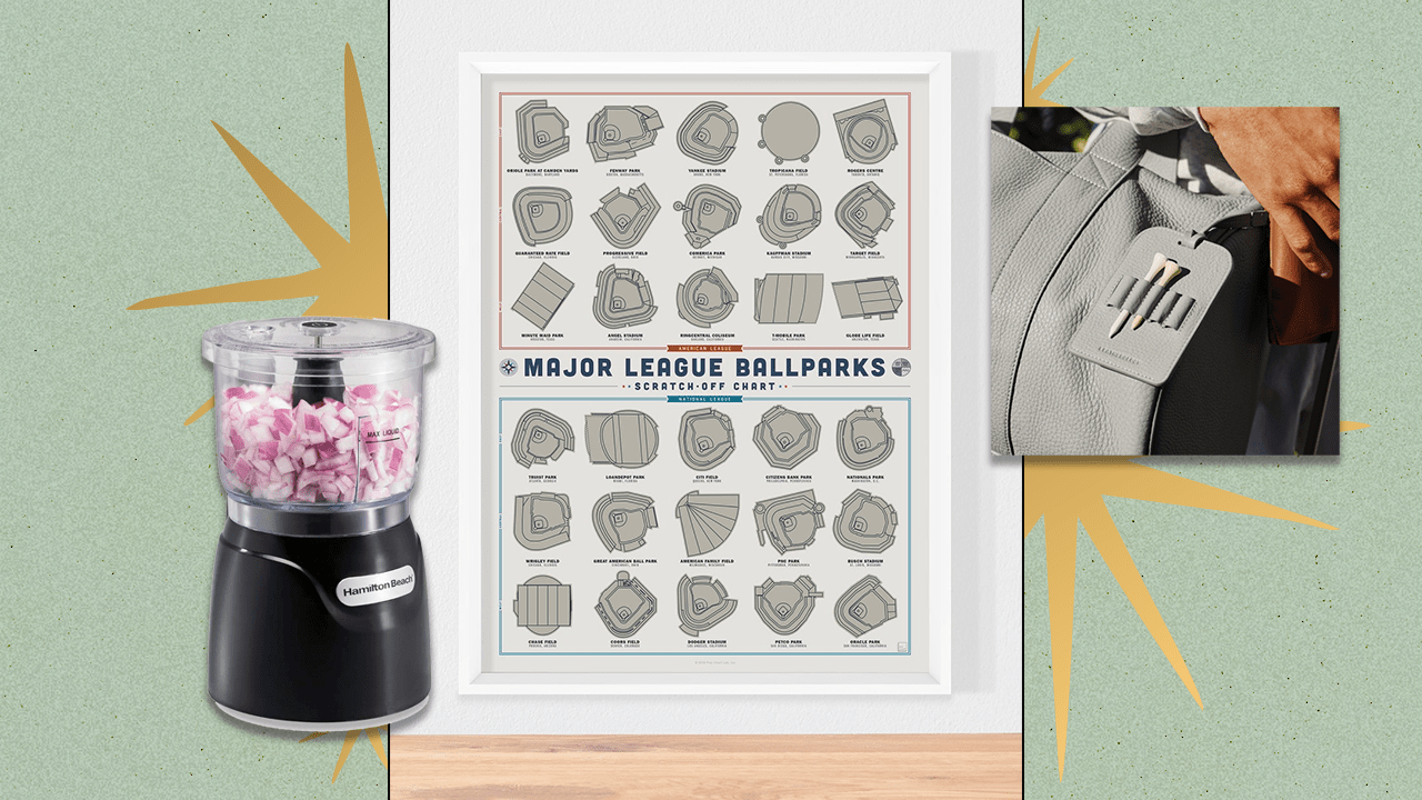 Left to Right: Hamilton Beach electric vegetable chopper, Pop Chart Baseball Stadium Scratch-Off Poster, Leatherology golf bag tee holder in grey.