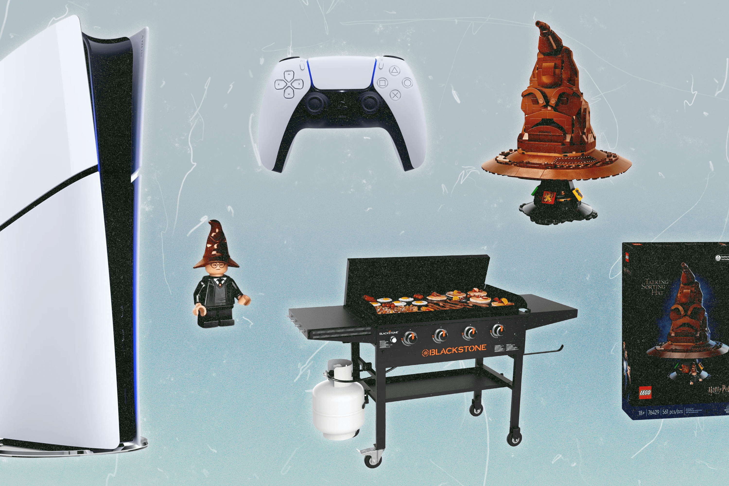 Left to Right: The PlayStation 5, a Harry Potter hat sorting LEGO set, and a large, black griddle.