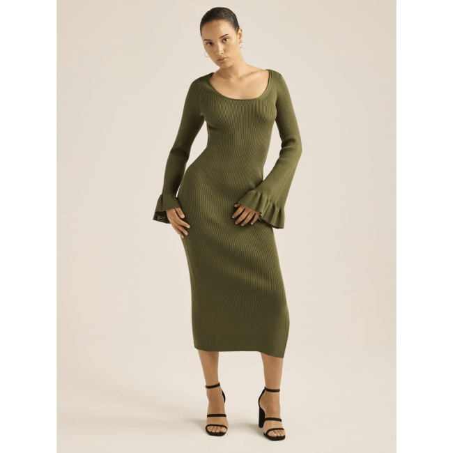 Scoop Midi Sweater Dress with Ruffled Bell Sleeves in green
