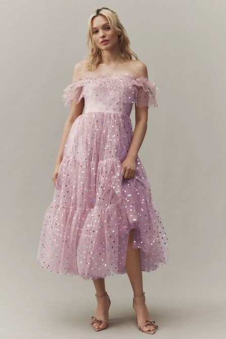 BHLDN Cecilia Off-The-Shoulder Polka Dot Tulle Midi Dress