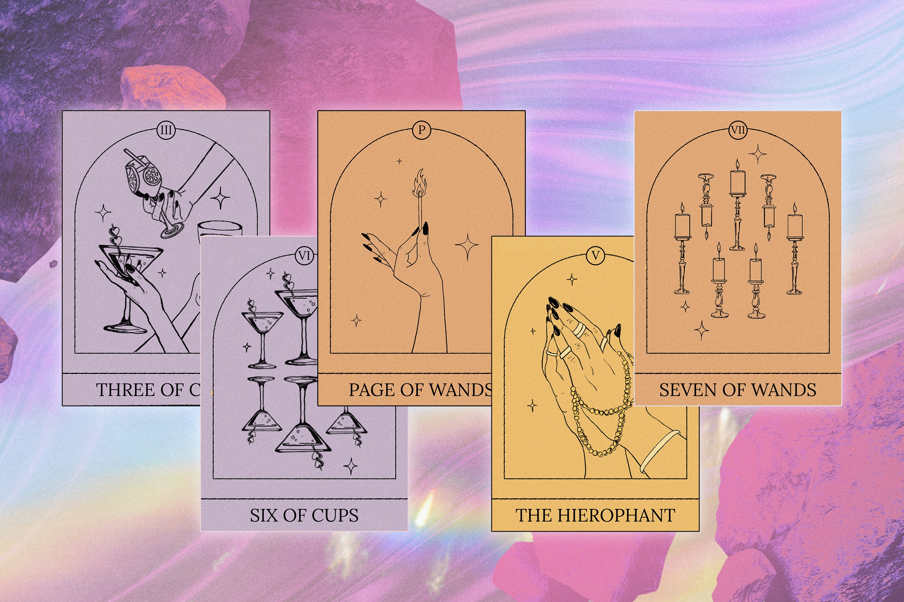 A series of tarot cards over a pink spacey background
