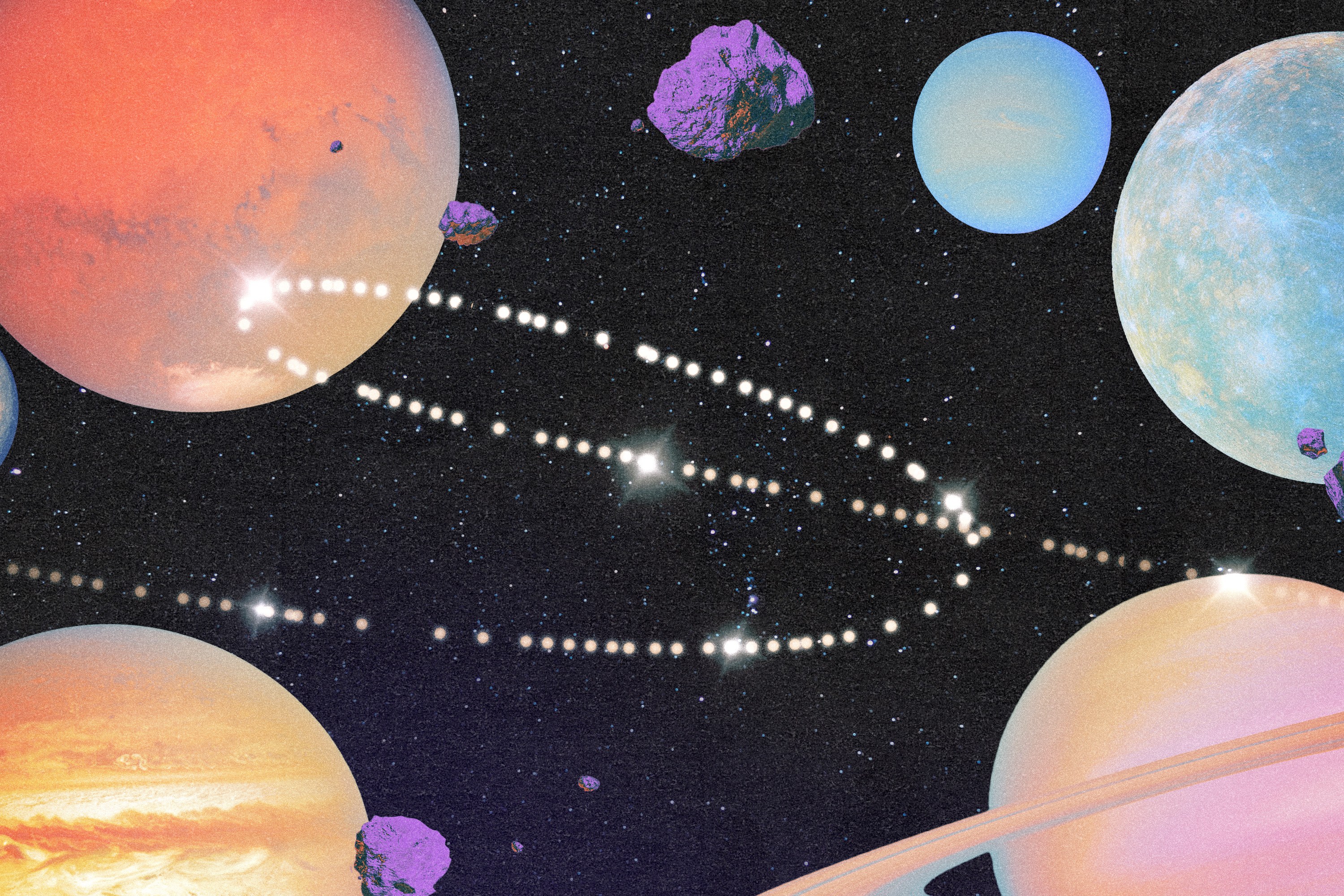 A series of planets in a cosmic sky