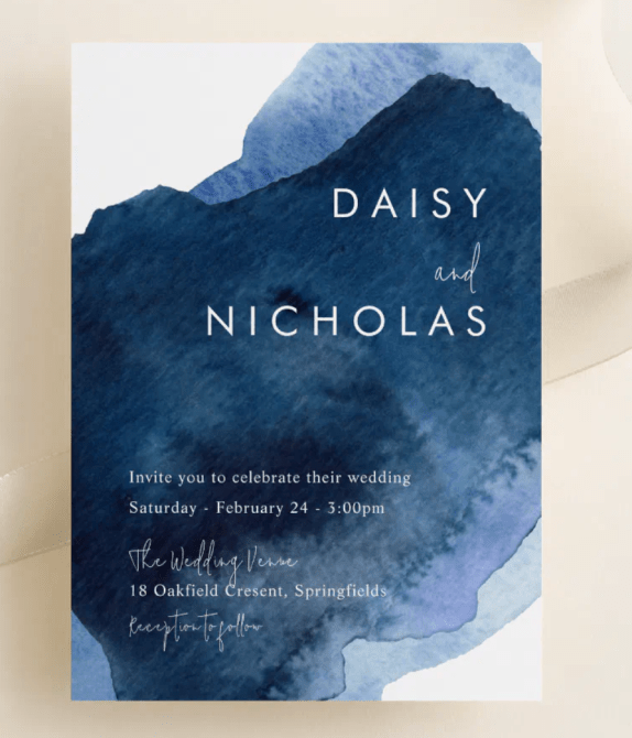 Navy Dusty Blue Ocean Watercolor Wedding Invitation