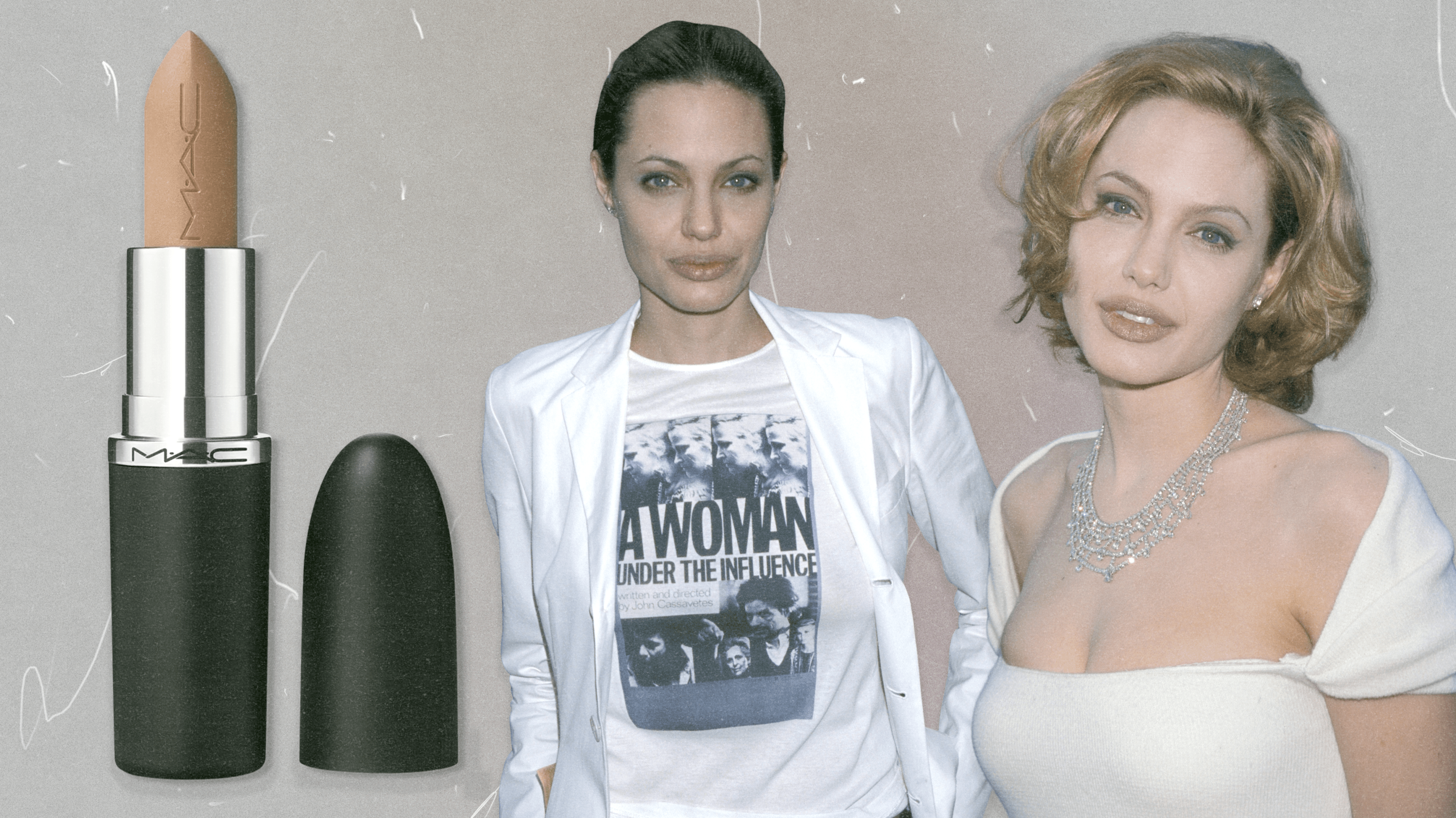 Angelina Jolie in the '90s next to the Mac Folio lipstick she wears.