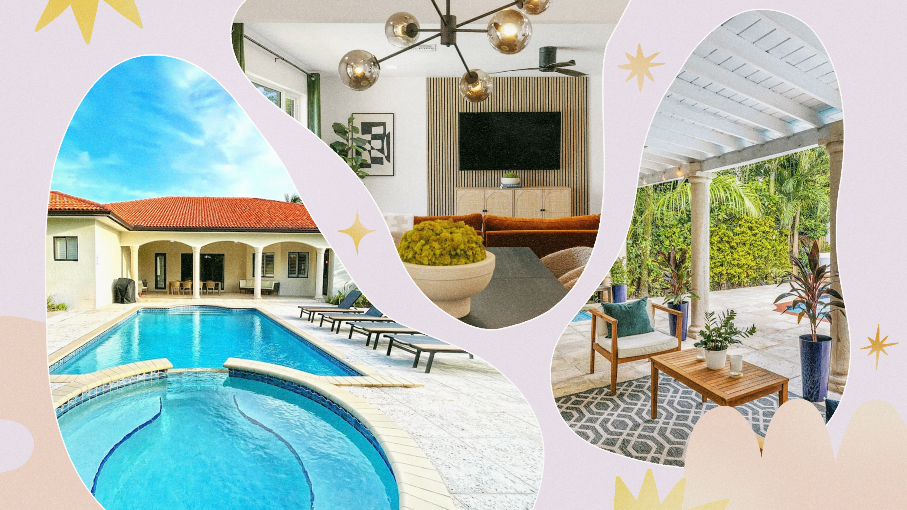 Left to Right: the outside of an Airbnb showing a house and a big pool. the living room of an Airbnb showing a table, couch, TV, and ceiling light fixture, and the outside of an Airbnb showing an outdoor seating area.