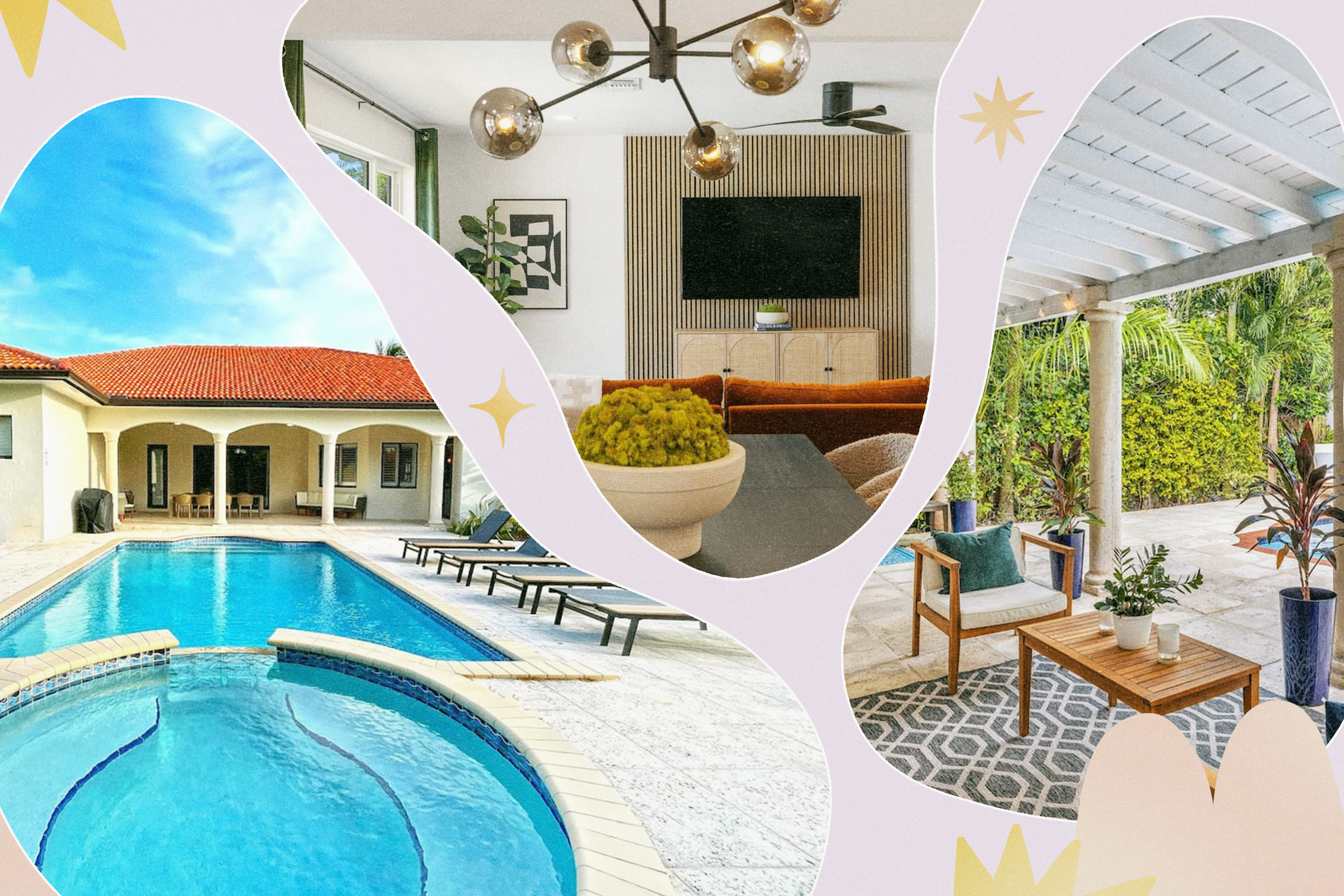 Left to Right: the outside of an Airbnb showing a house and a big pool. the living room of an Airbnb showing a table, couch, TV, and ceiling light fixture, and the outside of an Airbnb showing an outdoor seating area.