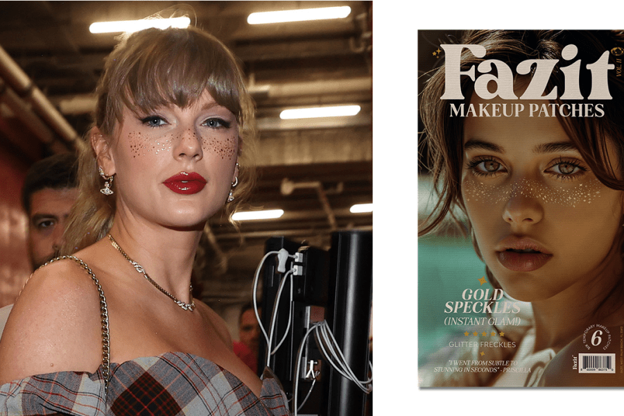 Left: KANSAS CITY, MISSOURI - OCTOBER 07: (EDITORS NOTE: Retransmission with alternate crop.) Taylor Swift arrives prior to a game between the Kansas City Chiefs and the New Orleans Saints at GEHA Field at Arrowhead Stadium on October 07, 2024 in Kansas City, Missouri. Right: Fazit Gold Glitter Freckles.