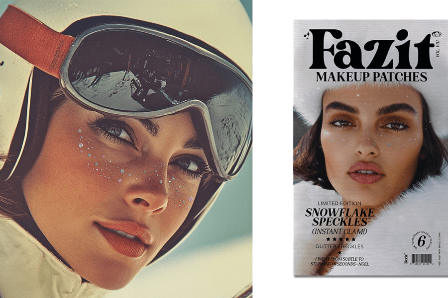 Left: a model wearing snow gear and Fazit Snowflake Speckles; Right: a 6-pack of Fazit's Snowflake Speckles.