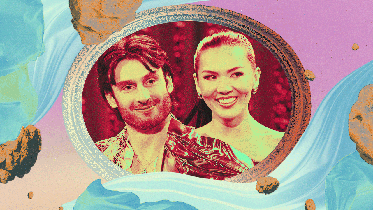 A gif that includes various cast members from 'Love is Blind' season 8 with bright cosmic colors