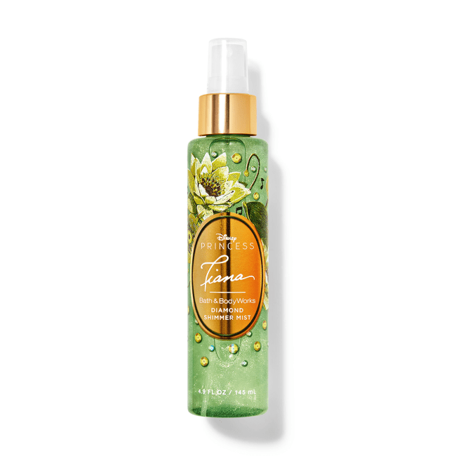 Tiana Diamond Shimmer Mist in a green bottle.