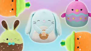 Carrot, Easter Bunny, and baby chick Squishmallows plush toys on top of a multi-color rainbow background